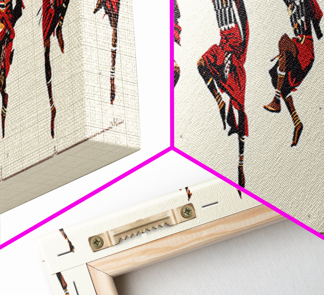 Traditional Maasai Dance Line Canvas Print, African Art Prints, Red Tribal Wall Decor, Afrocentric Culture Gift For Home