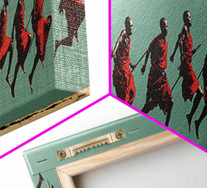Dynamic Maasai Warriors Running Wall Art, African Warrior Art, Tribal Culture Canvas, Panoramic Safari Home Decor Art Gift