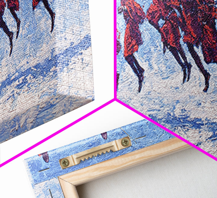 Blue Textured Maasai Warriors Running Wall Art, Abstract African Art, Tribal Safari Decor, Vibrant Panoramic Canvas Print