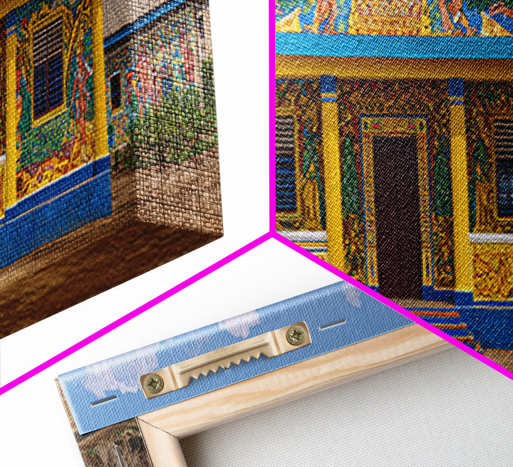 Painted African House Canvas Print, Bright Blue Yellow Facade, Folk Architecture Photography, Cultural Wall Decor Gift Print