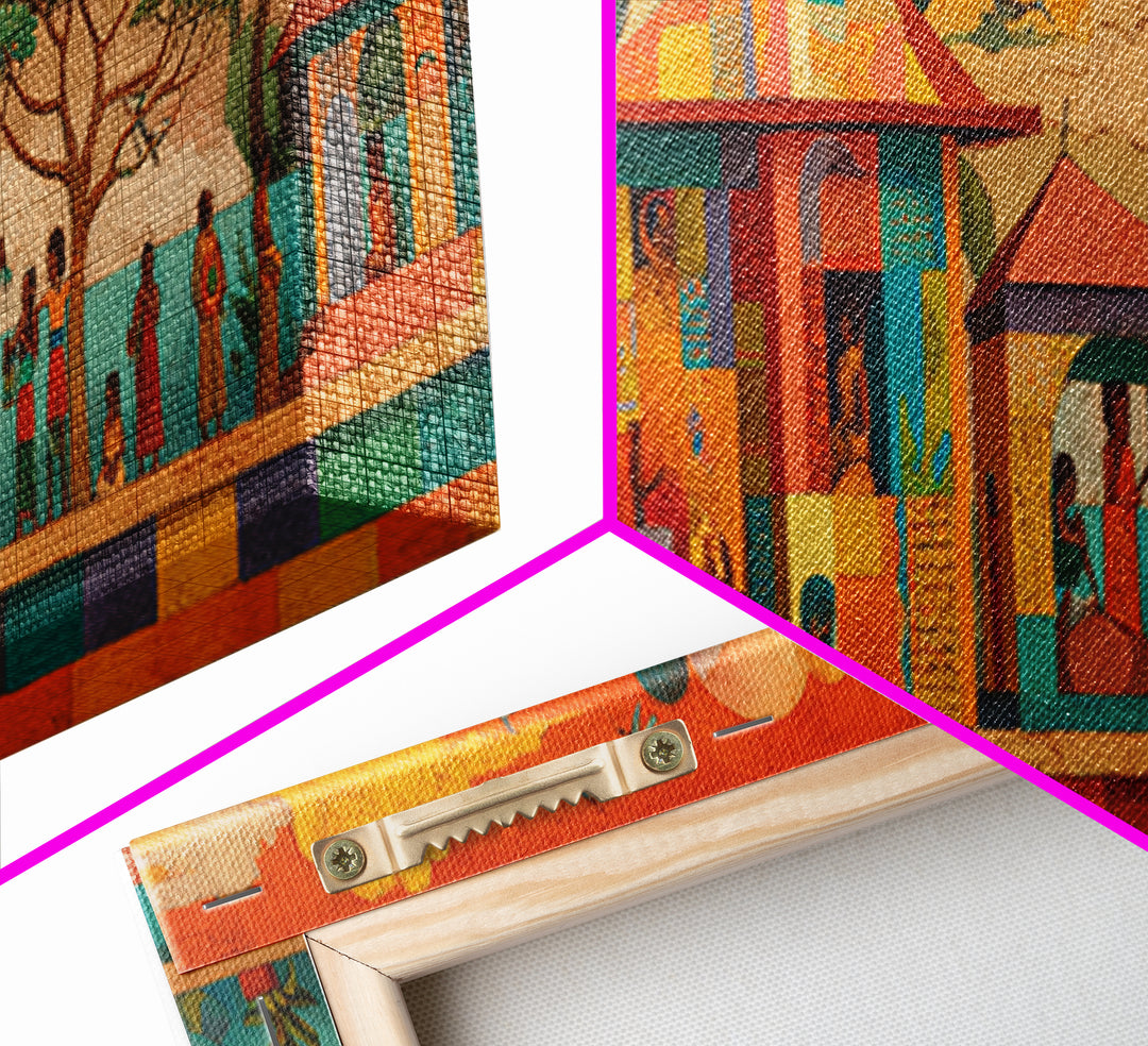 Modern African Village Framed Canvas Print, Sunset Trees And Colorful Homes, Afrocentric Landscape Decor, Cultural Wall Art