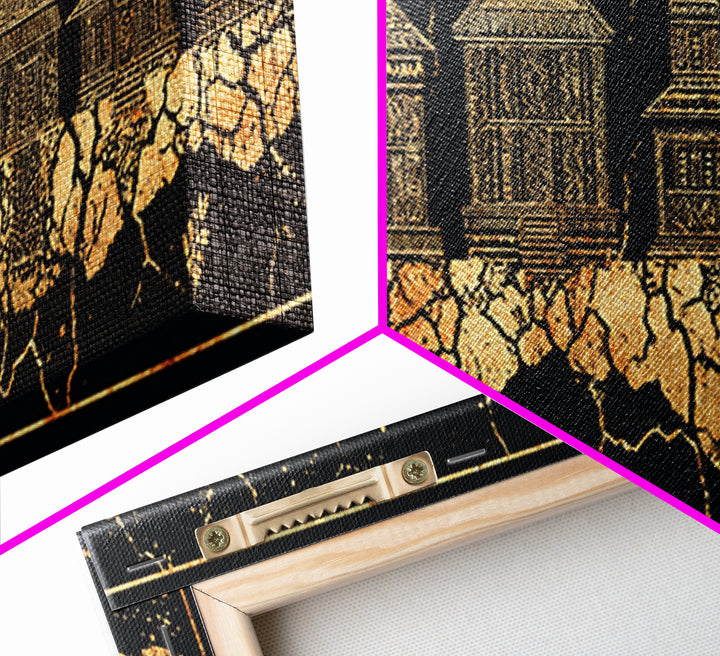 Gold African Village Wall Art, Black Crackle Line Houses, Tribal Architecture Print, Luxury Afrocentric Statement Decor Gift
