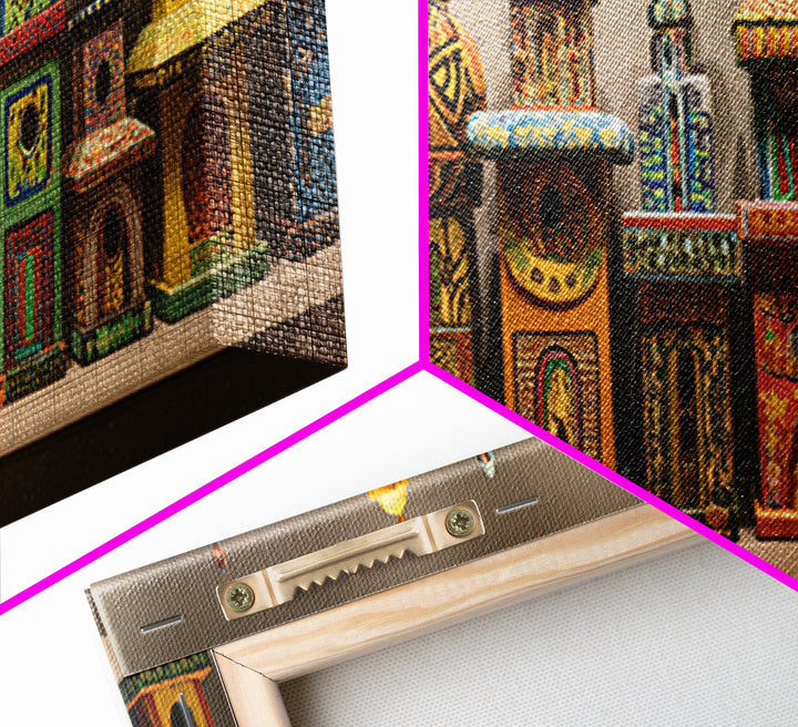 Whimsical Colorful Birdhouse Village Wall Art, African Inspired Canvas Print, Boho Home Decor, Playful Folk Architecture