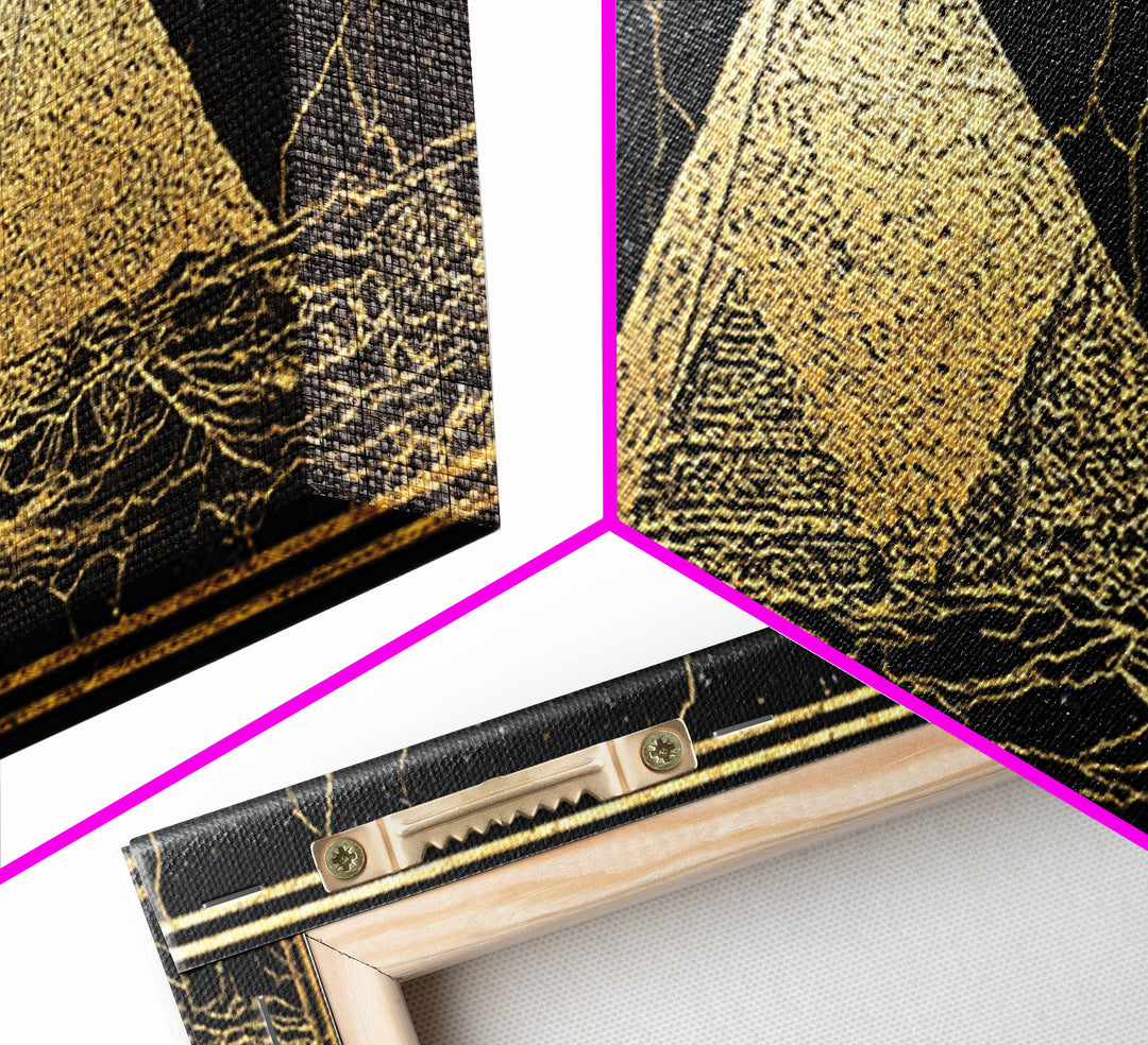 Gold Egyptian Pyramids On Black Wall Art, African Egyptian Art Canvas Print, Ancient Africa Decor, Luxury Abstract Poster