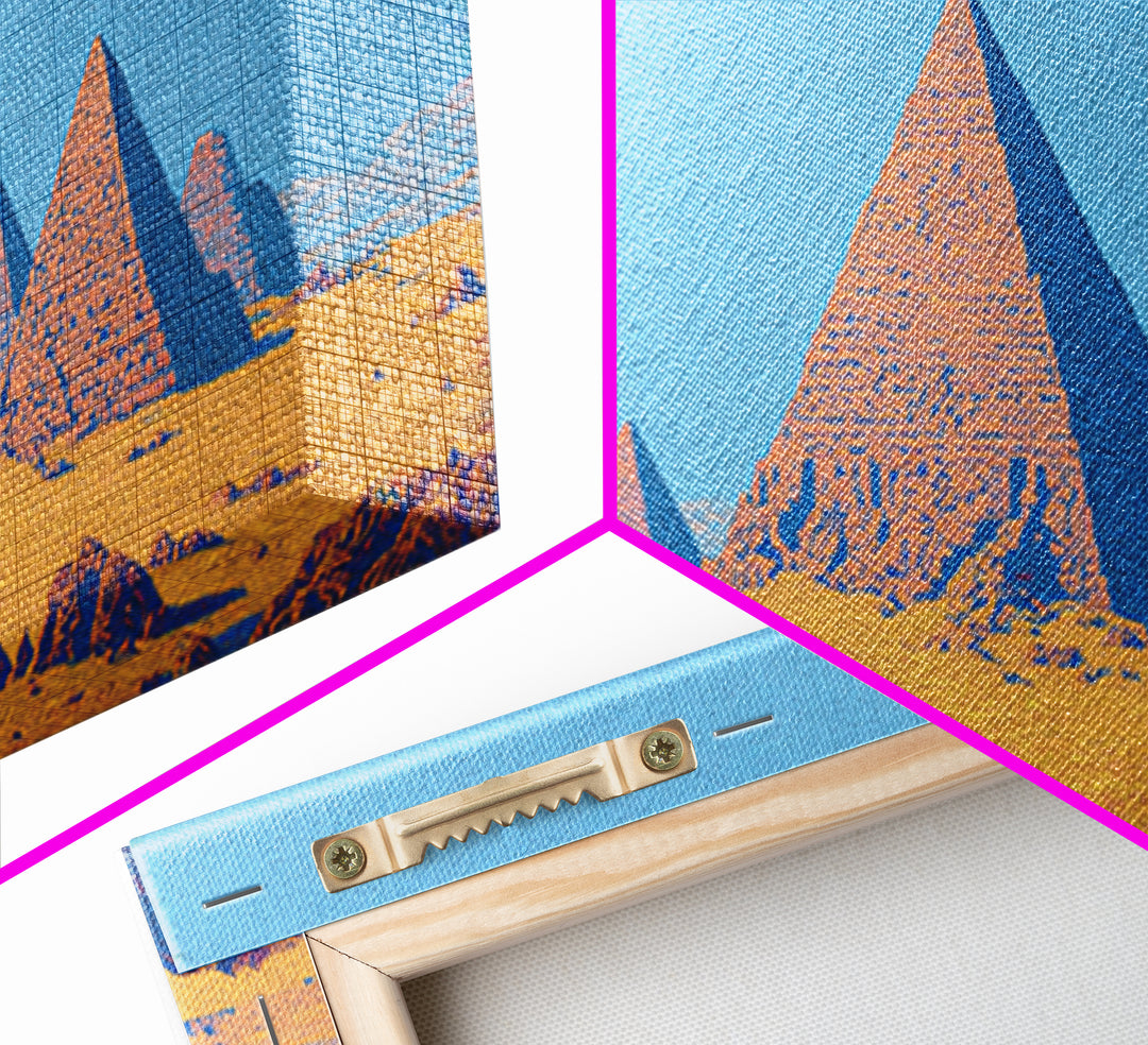 Blue Sky Egyptian Pyramids Moon Wall Art, African Landscape Canvas Print, Desert Travel Poster, Minimalist Cultural Decor