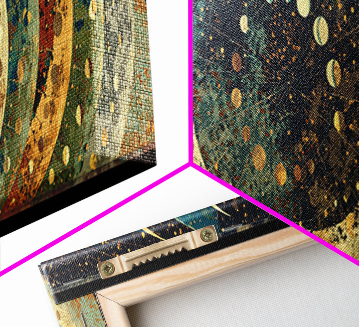Layered Crescent Moon Abstract Wall Art, Mystical Wall Art, Boho African Inspired Canvas Print, Teal Gold Home Decor Gift