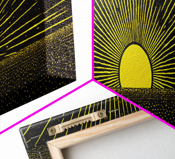 Minimal Golden Sunrise Rays Wall Art, Black And Gold Abstract Landscape, Modern Canvas Decor For Office Or Living Room Gift