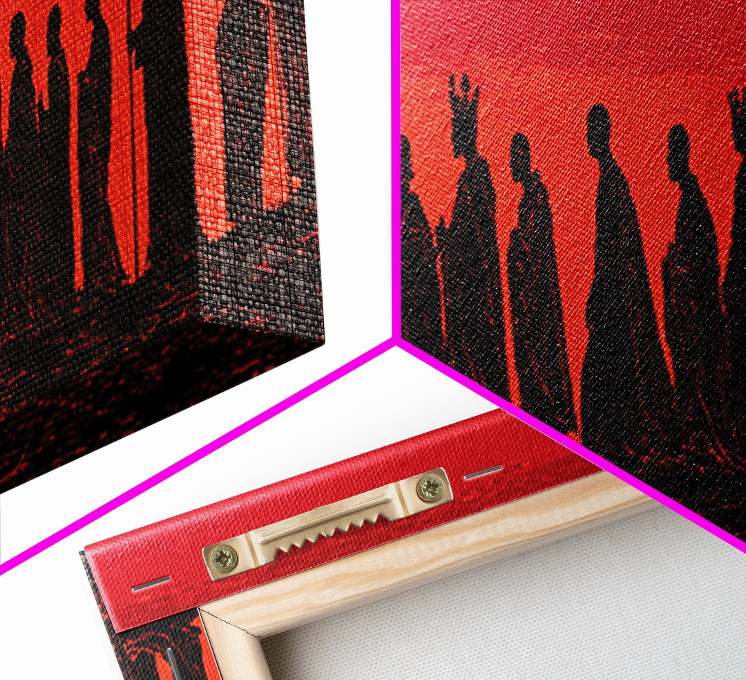 Red Sunset African Procession Wall Art, Tribal Silhouette Landscape, Panoramic Black Culture Home Decor For Living Room Gift