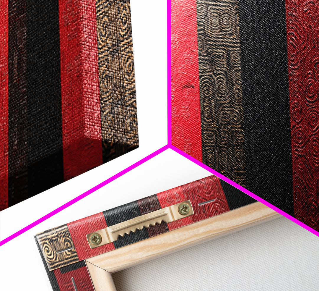 Red Black Gold African Fabric Wall Art, Tribal Textile Pattern Canvas Print, Cultural Geometric Decor For Modern Home Gift