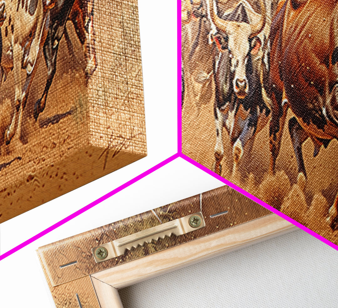 Charging African Cattle Herd Canvas Print, Safari Animal Wall Art, Rustic Ranch Decor, Brown Earth Tone Living Room Art Gift