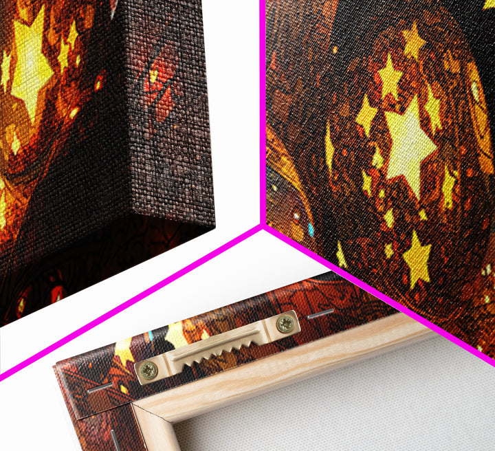 Glowing Star Orbs Canvas Print, Dreamy Wall Art, Black And Gold Art, Celestial Decor, Magical Bedroom Wall Decor, Unique Home Decor