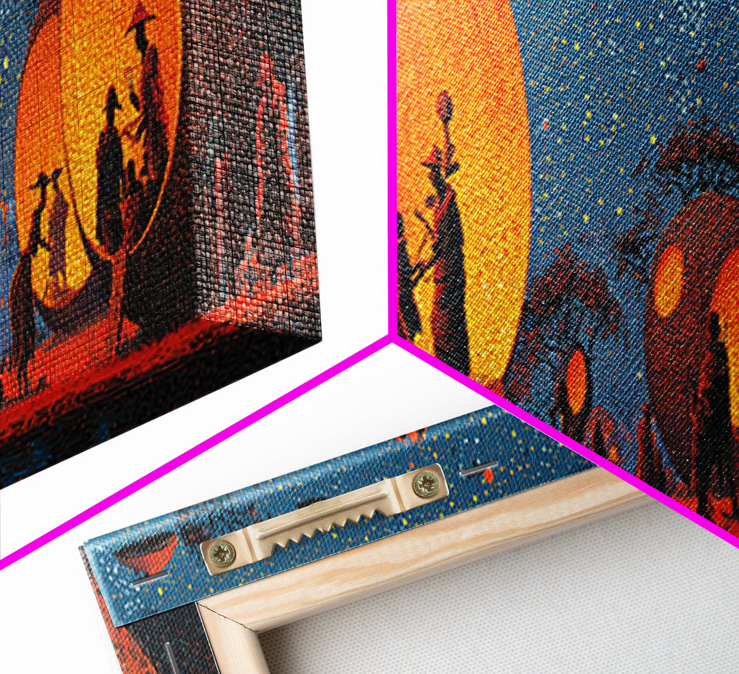 Glowing Spherical Village Canvas Print, African Inspired Wall Art, Orange Decor, Afrocentric Art, Culture Wall Art, Unique Canvas