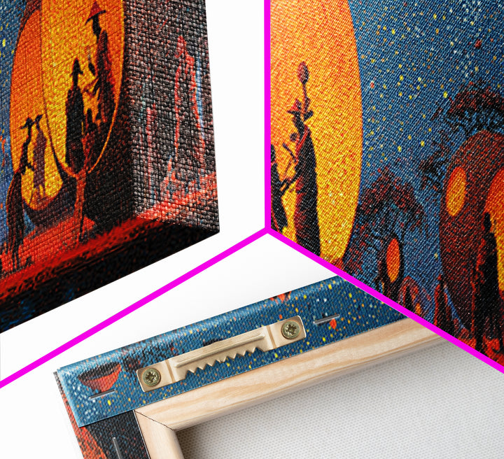 Glowing Spherical Village Canvas Print, African Inspired Wall Art, Orange Decor, Afrocentric Art, Culture Wall Art, Unique Canvas