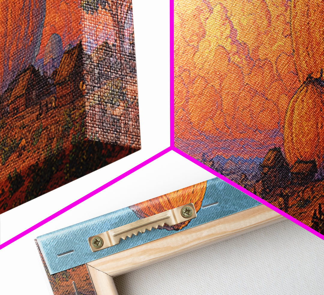 Orange African Savanna Baobab Village Wall Art, Afrocentric Landscape Canvas, Safari Decor, Earth Tone Living Room Print