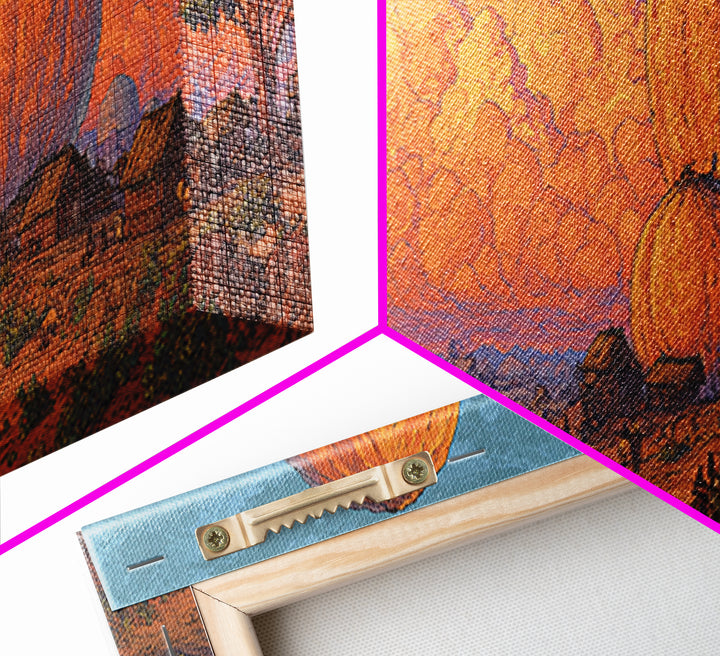 Orange African Savanna Baobab Village Wall Art, Afrocentric Landscape Canvas, Safari Decor, Earth Tone Living Room Print