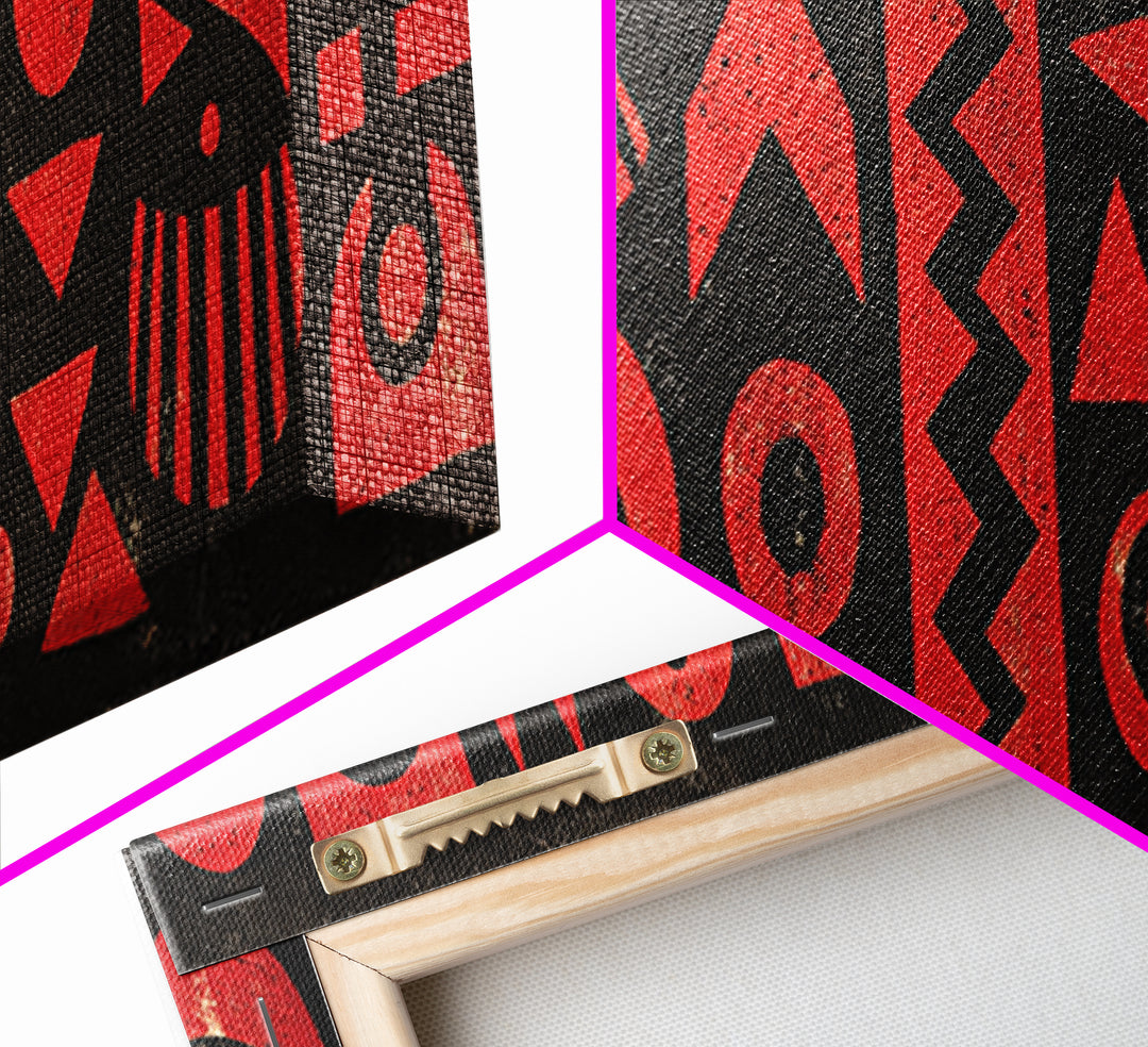 Red And Black African Tribal Glyphs Wall Art, Bold Geometric Canvas Decor, Afrocentric Symbols, Modern Ethnic Art Print Decor