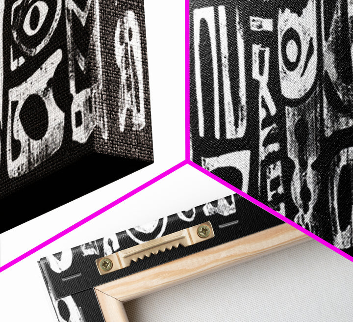 White Abstract African Mask Symbols Canvas Print, Black Tribal Pattern Wall Decor, Afrocentric Modern Art, Ethnic Art Print