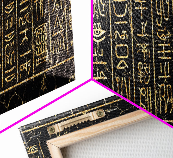 Gold Ancient African Hieroglyph Panels Wall Art, Egyptian Tribal Canvas Decor, Black And Gold Cultural Art Print, Home Decor