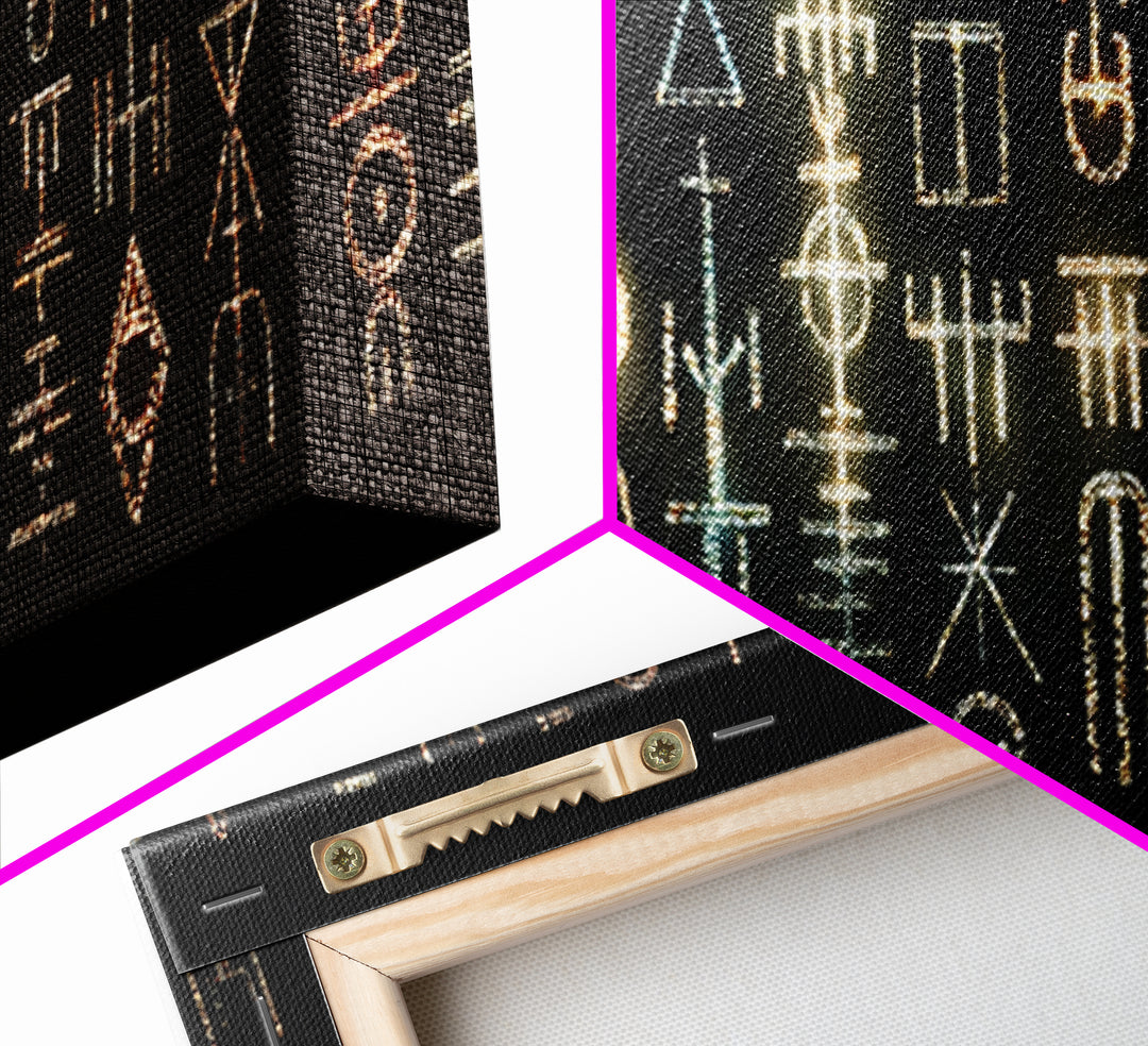 Illuminated African Tribal Icons Wall Art, Gold And Teal Symbol Pattern, Afrocentric Decor, Modern Cultural Art Print Gift