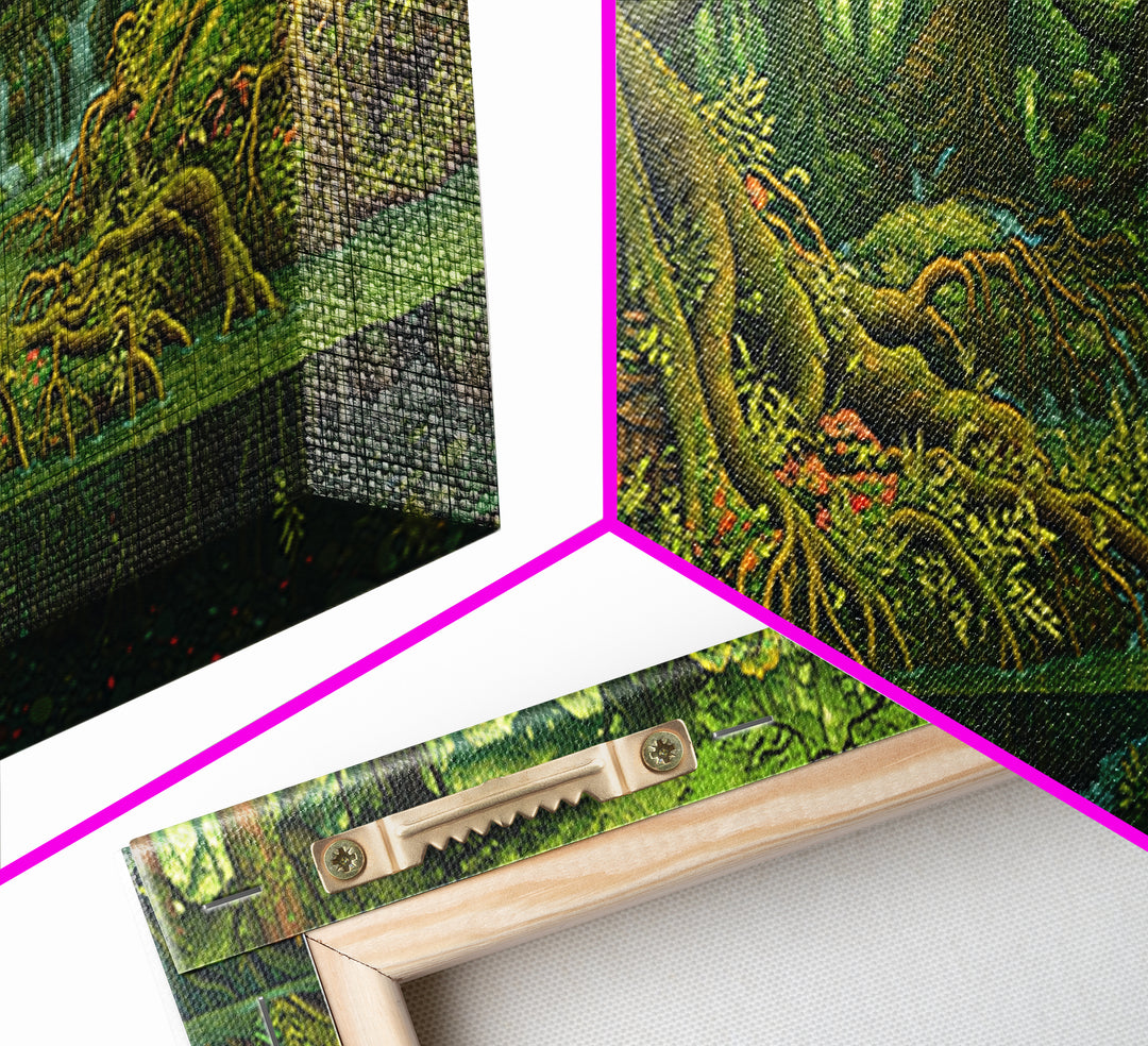 Ancient Jungle River Roots Wall Art, Lush Green Forest Canvas Print, Nature Scene Decor, Fantasy Landscape Home Decor Gift