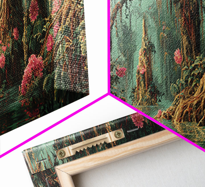 Enchanted Swamp With Pink Blooms Framed Canvas Print, Mystical Jungle Wall Art, Floral Nature Scene, Boho Home Decor Gift