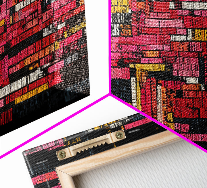 Neon Abstract City Skyline Wall Art, Modern African Inspired Typography, Urban Black Art Decor, Bold Red Yellow Canvas Print