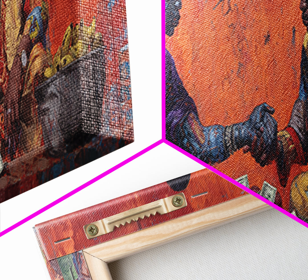 African Market Handshake Scene Canvas Print, African Wall Art, Cultural Art, Orange Painting, Afrocentric Home Decor Gift