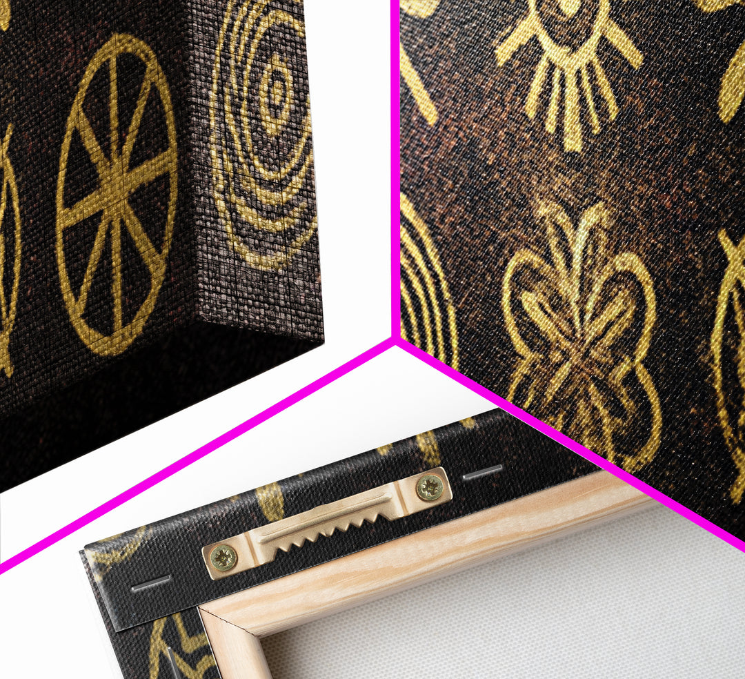 Gold Tribal Symbol Pattern Canvas Print, African Tribal Art, African Patterns, Black And Gold Art, Cultural Wall Decor, Boho Decor