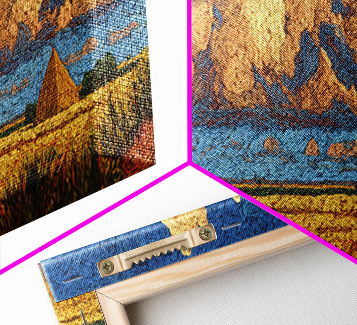 Golden Pyramids Under Textured Clouds Framed Canvas Print, African Egyptian Art, African Landscape, Blue And Gold Canvas, Decor