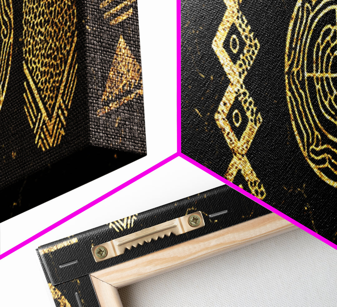 Gold Tribal Symbols Canvas Print, African Geometric Pattern Wall Decor, Abstract Black And Gold Art, Modern Ethnic Decor
