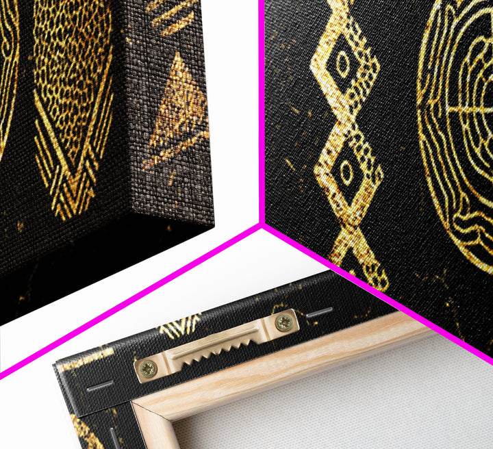 Gold Tribal Symbols Canvas Print, African Geometric Pattern Wall Decor, Abstract Black And Gold Art, Modern Ethnic Decor