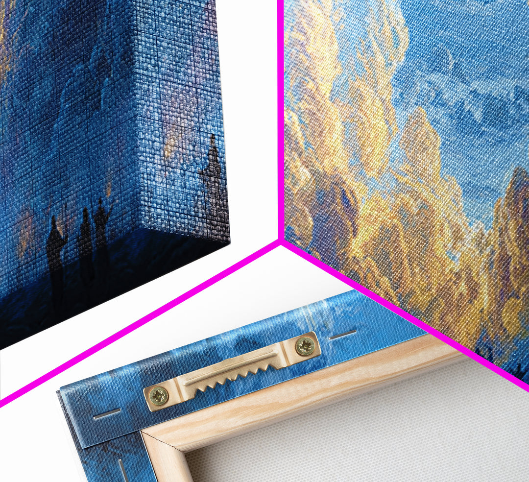 Glowing Sky Celebration Canvas Print, African Spiritual Wall Decor, Blue Gold Cloud Landscape, Afrocentric Home Decor Gift