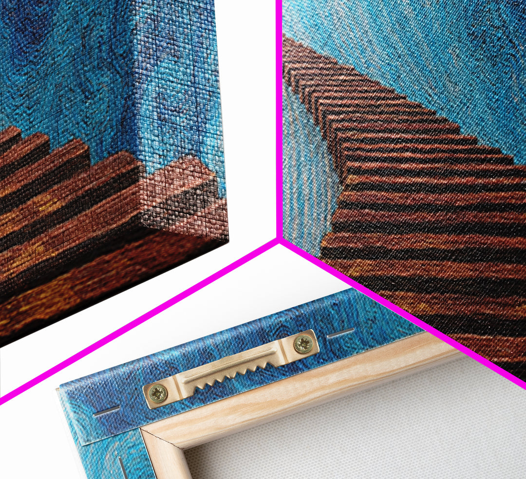 Surreal Wooden Stairway To Blue Sky, Abstract African Inspired Wall Art, Modern Canvas Art, Large Home Decor Gift, Statement Wall Decor