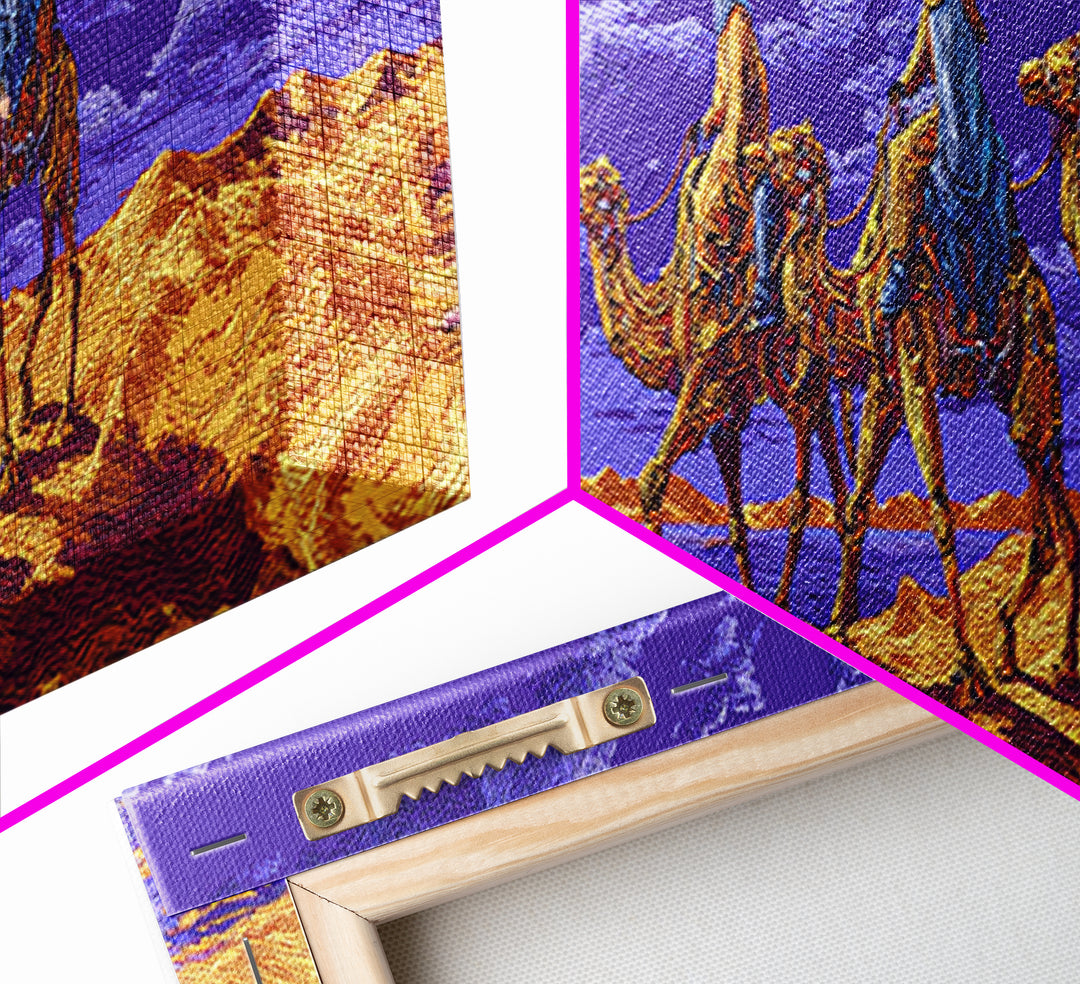Moonlit Camel Caravan Across Purple Dunes, African Safari Art Framed Canvas Print, Dreamy Wall Art, Unique Home Decor Gift