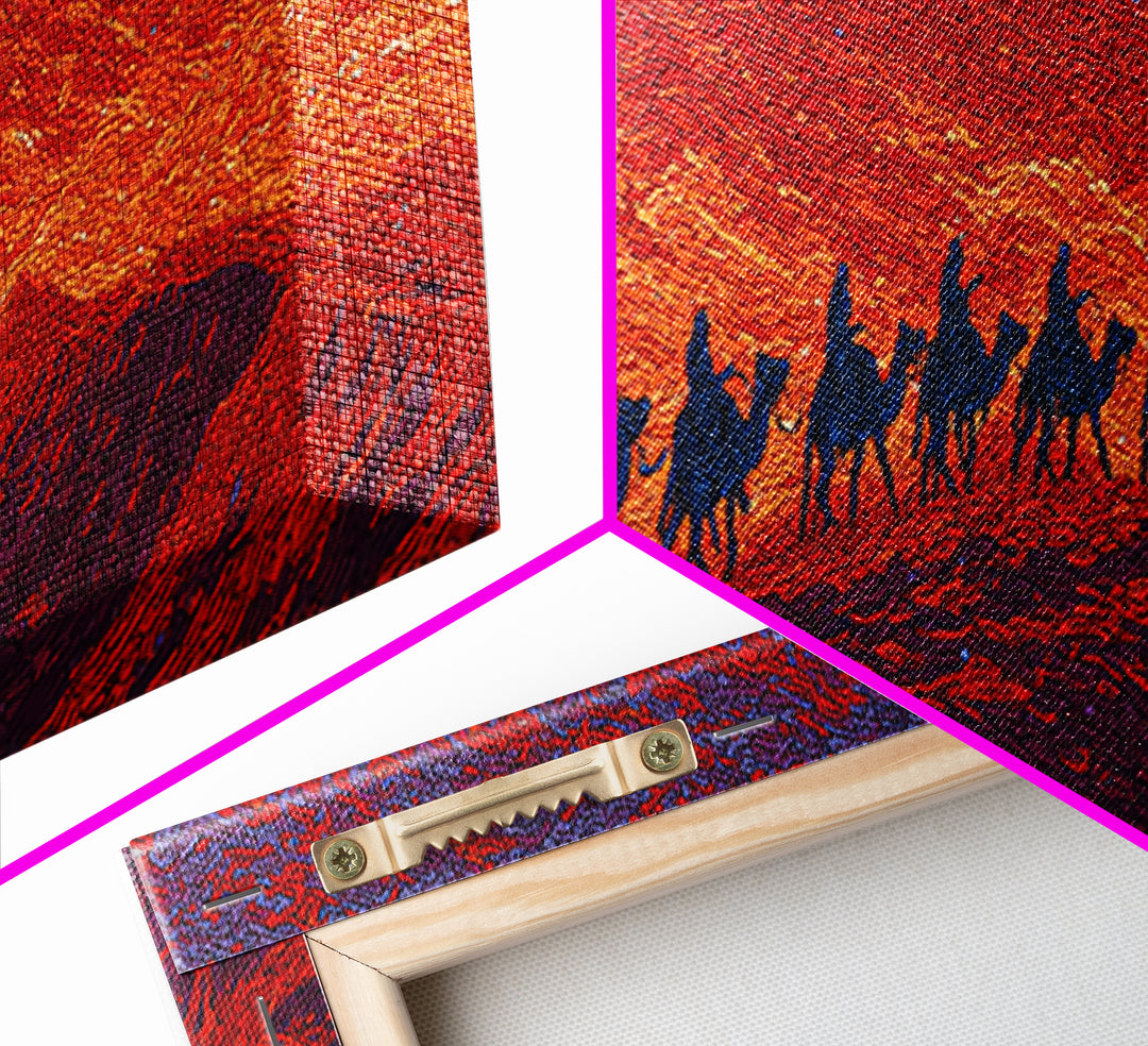Fiery Sunset Camel Caravan Silhouettes Over Dunes, African Safari Art Canvas Print, Burnt Orange Wall Decor, Travel Gift