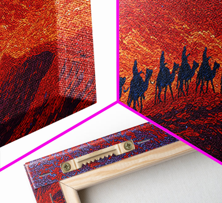 Fiery Sunset Camel Caravan Silhouettes Over Dunes, African Safari Art Canvas Print, Burnt Orange Wall Decor, Travel Gift