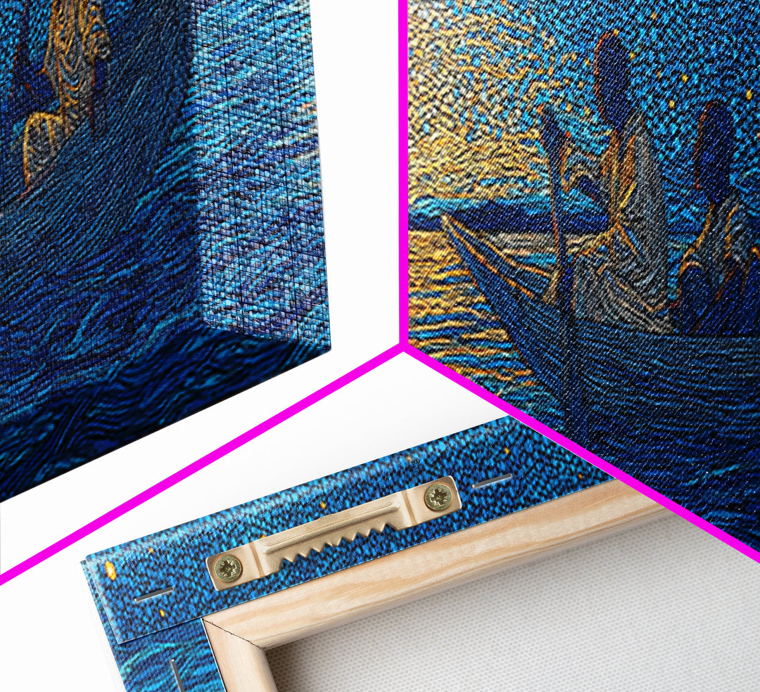 Golden Sunset Canoe Fishermen Wall Art, African Safari Art Print, Blue Lake Landscape, Serene Bedroom Canvas Home Decor Gift