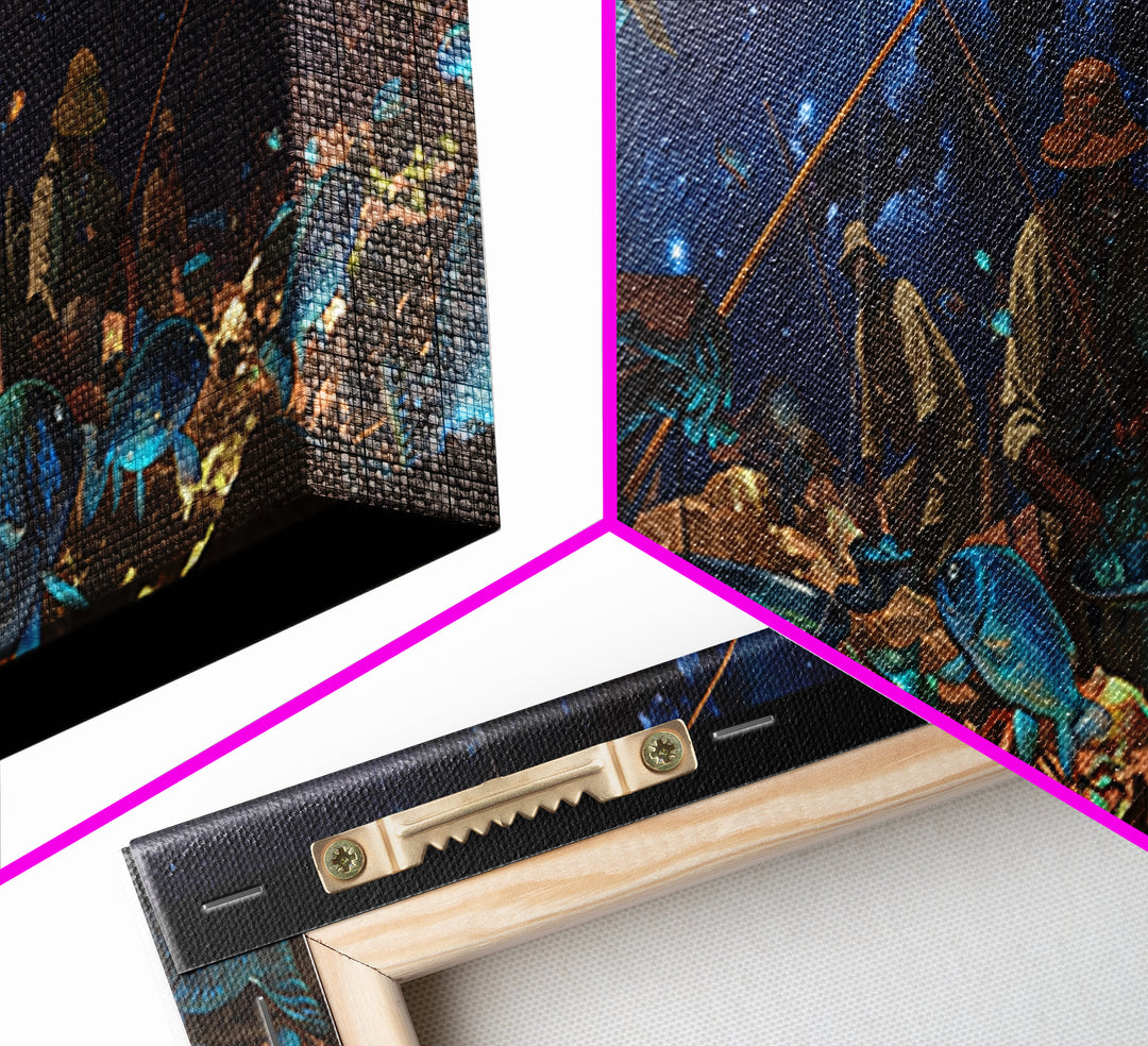 Glowing Blue Fish Night Market Canvas Print, African Fishermen Wall Art, Afrofuturism Decor, Contemporary Gallery Art Gift