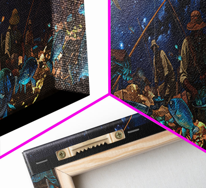 Glowing Blue Fish Night Market Canvas Print, African Fishermen Wall Art, Afrofuturism Decor, Contemporary Gallery Art Gift