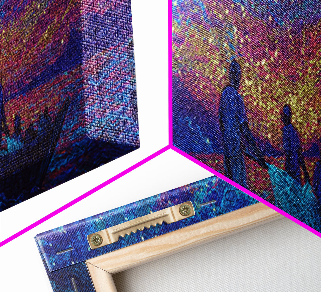 Stargazing Fishermen At Shore Canvas Print, African Wall Art, Vibrant Blue Purple Night, Afrocentric Unique Home Decor Gift