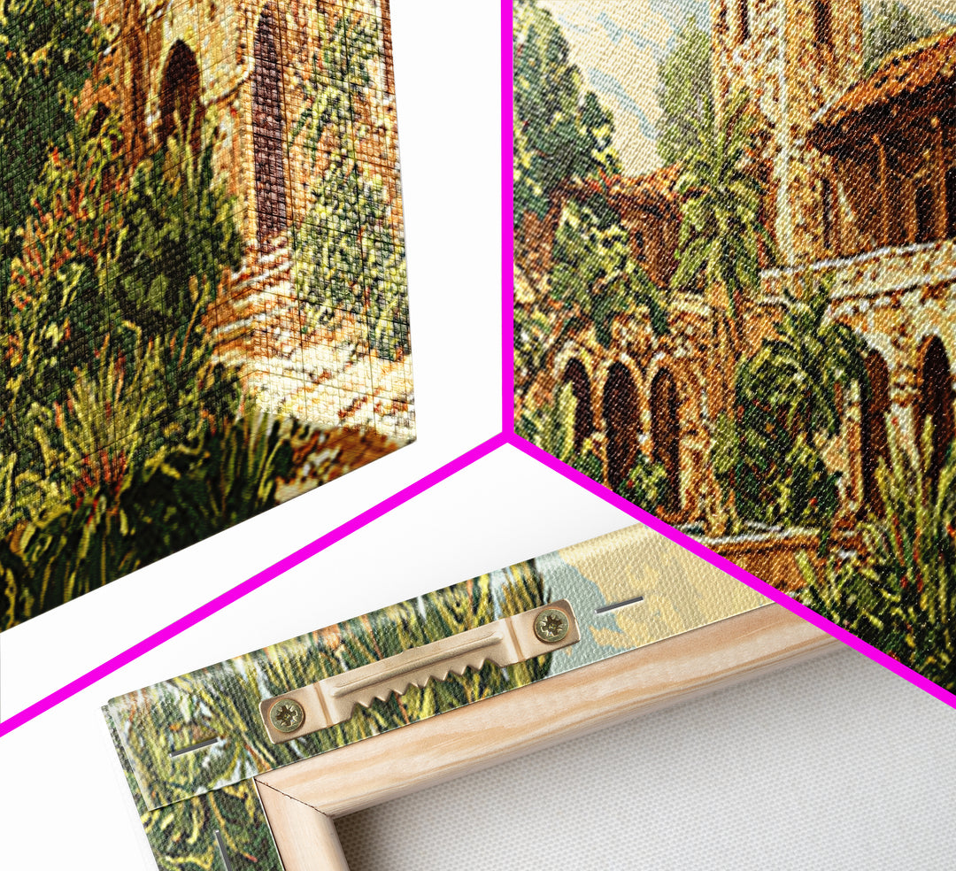 Tropical Courtyard Ruins With Palms Wall Art, African Inspired Landscape, Boho Home Decor, Living Room Canvas Print, Statement Wall Decor