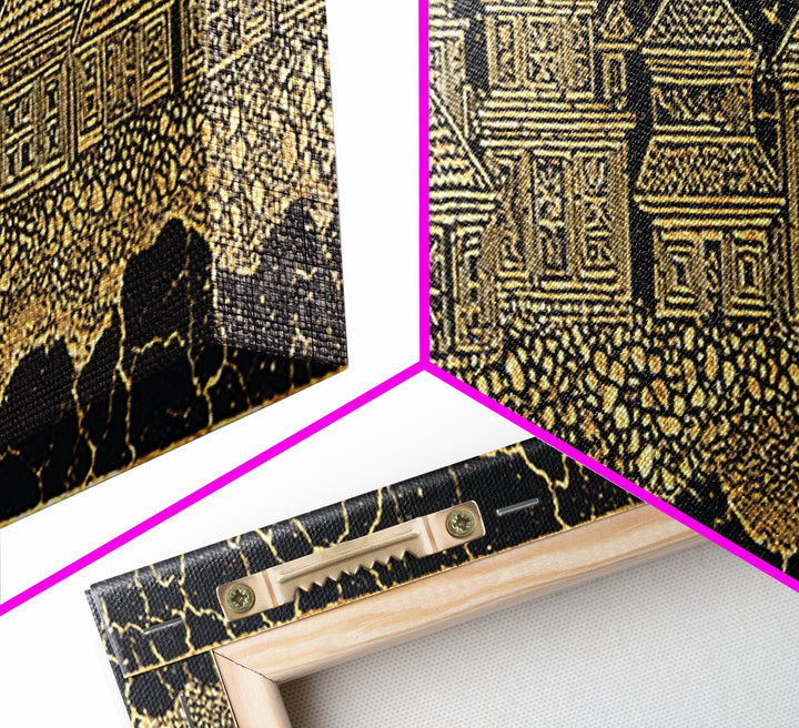 Gold Line Village On Cracked Black Wall Art, African Tribal Art, Ethnic Wall Decor, Modern Canvas Print, Cultural Home Decor
