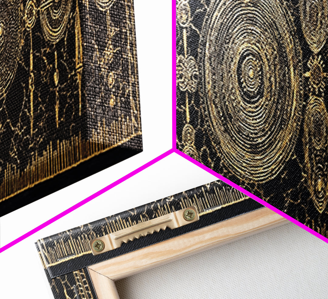 Gold Tribal Shields And Woven Kuba Patterns Framed Canvas Print, African Wall Decor, Ethnic Black Gold Cultural Art For Home