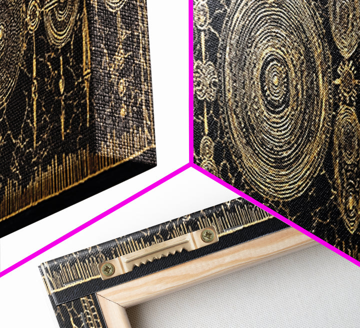 Gold Tribal Shields And Woven Kuba Patterns Framed Canvas Print, African Wall Decor, Ethnic Black Gold Cultural Art For Home