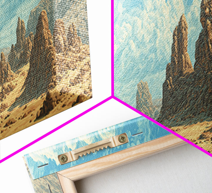 Sunlit Desert Rock Spires And Turquoise Sky Canvas Print, African Landscape Wall Decor, Dreamy Nature Scene Art For Home