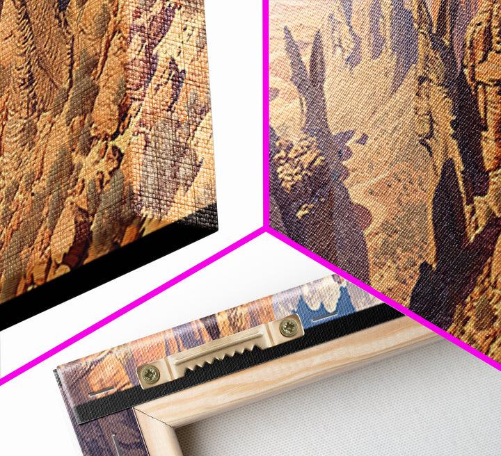 Carved Canyon Faces And Monument Valley Cliffs Wall Art, African Inspired Tribal Landscape Decor, Fantasy Canvas Print Gift