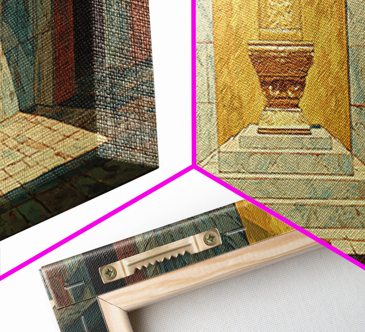 Turquoise Sunlit Temple Pedestal Canvas Print, Geometric Wall Art, Cultural Art Print, Modern Home Decor Gift, Unique Canvas Art