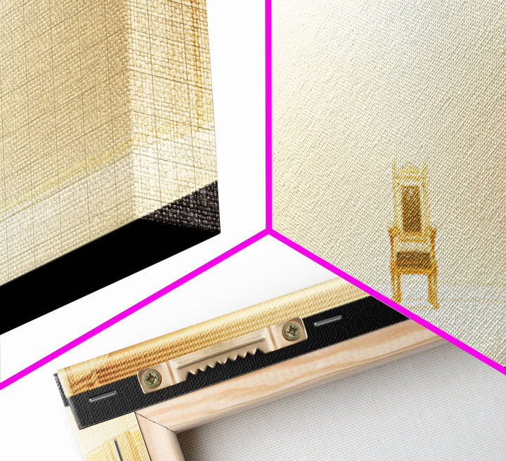 Minimal Golden Throne In Luminous Hall Framed Canvas Print, Minimalist Wall Art, Luxury Art, Elegant Home Decor Gift, Ready To Hang Art