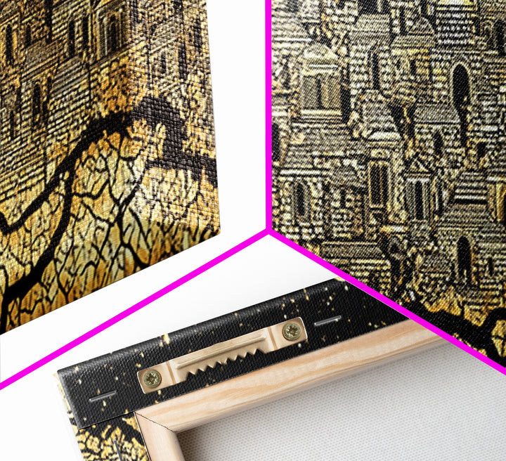 Gold African Night City Wall Art, Starry Palace Skyline, Black And Gold Cultural Decor, Panoramic Canvas Print Gift For Home