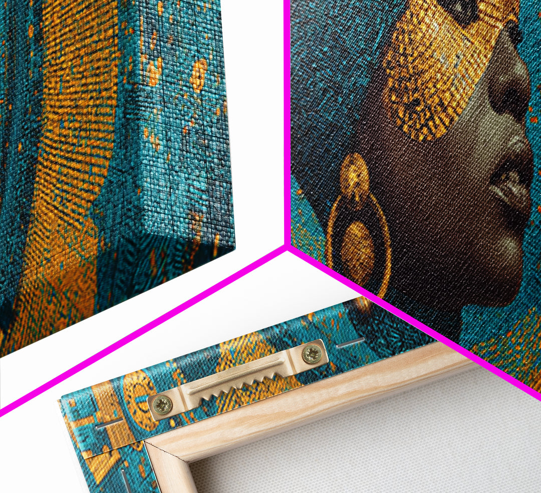 Elegant Black Queen Profile Framed Canvas Print, African Woman Art, Teal Gold Afrocentric Wall Decor, Melanin Portrait Gift